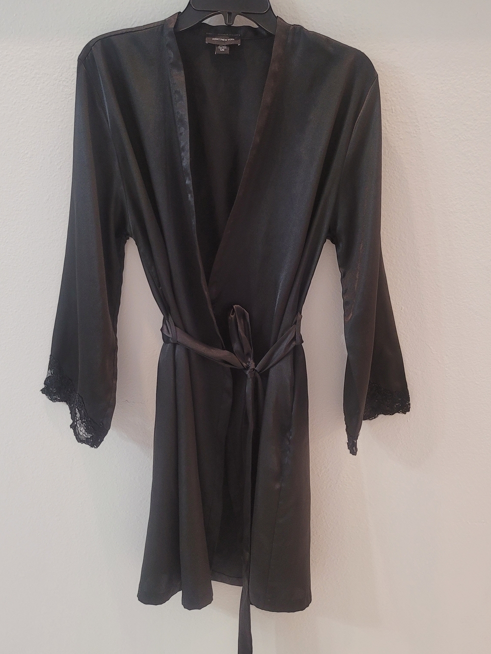 Jones New York Black Satin Lace-Trim Wrap Robe Size S/M